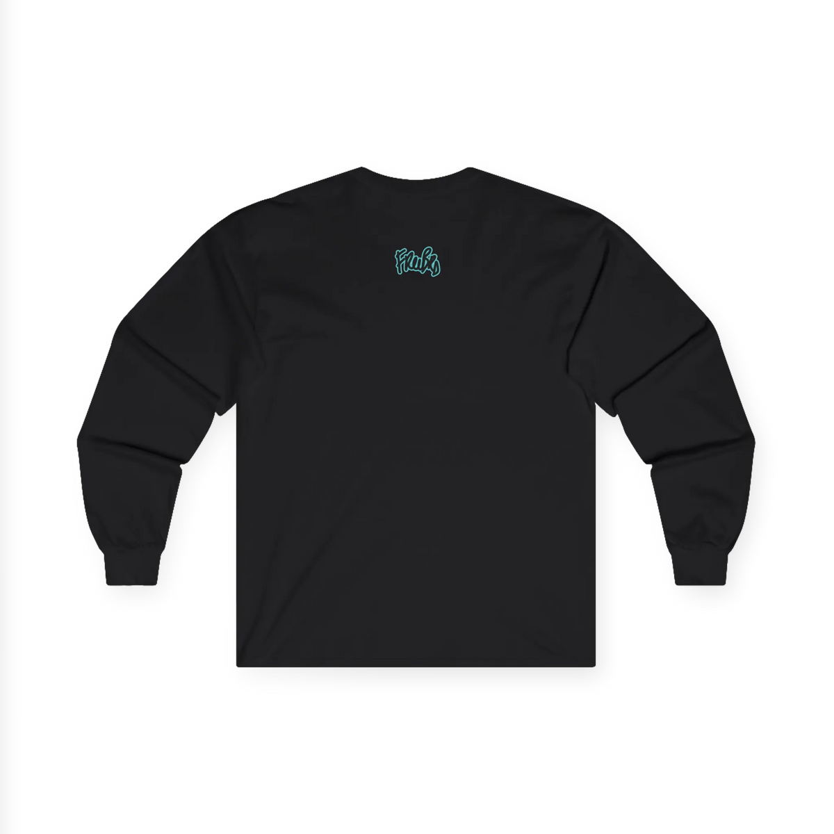 Black long-sleeve top, back view, with a teal glow FREEBRD script logo below the neckline.