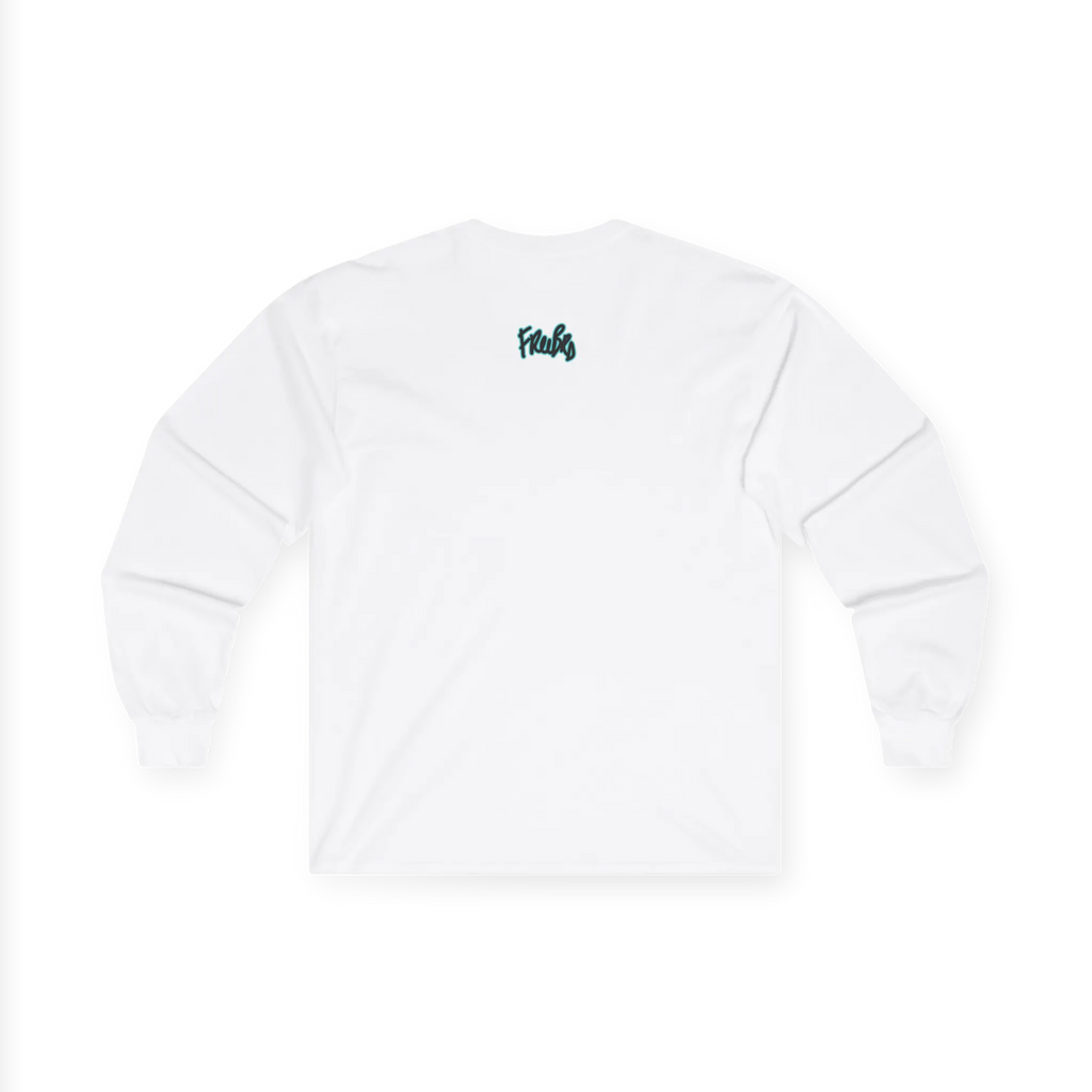 White long-sleeve top, back view, with a teal and black glow FREEBRD script logo below the neckline.