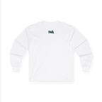 White long-sleeve top, back view, with a teal and black glow FREEBRD script logo below the neckline.