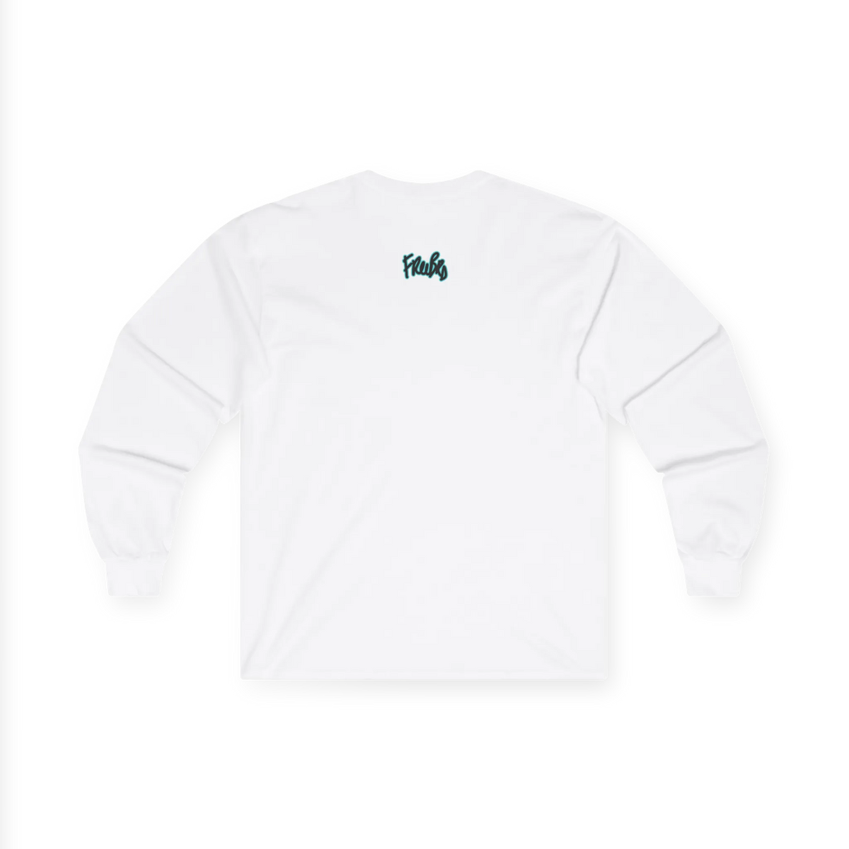 White long-sleeve top, back view, with a teal and black glow FREEBRD script logo below the neckline.