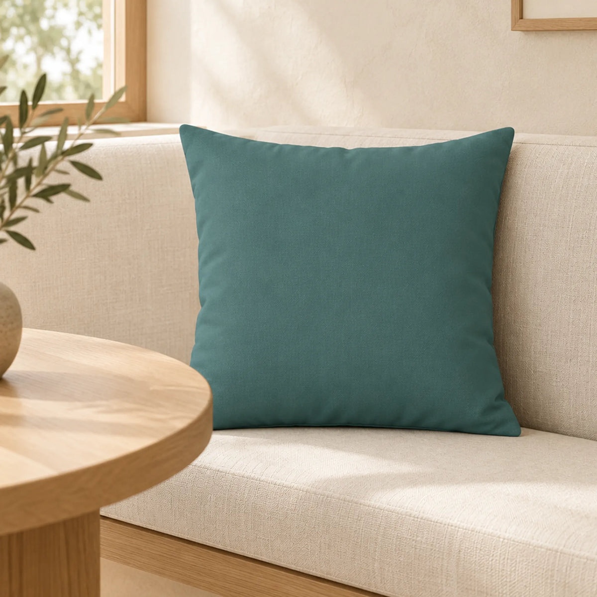 Teal Grey square pillow cover on an ivory upholstered banquette beside a pale wood table.