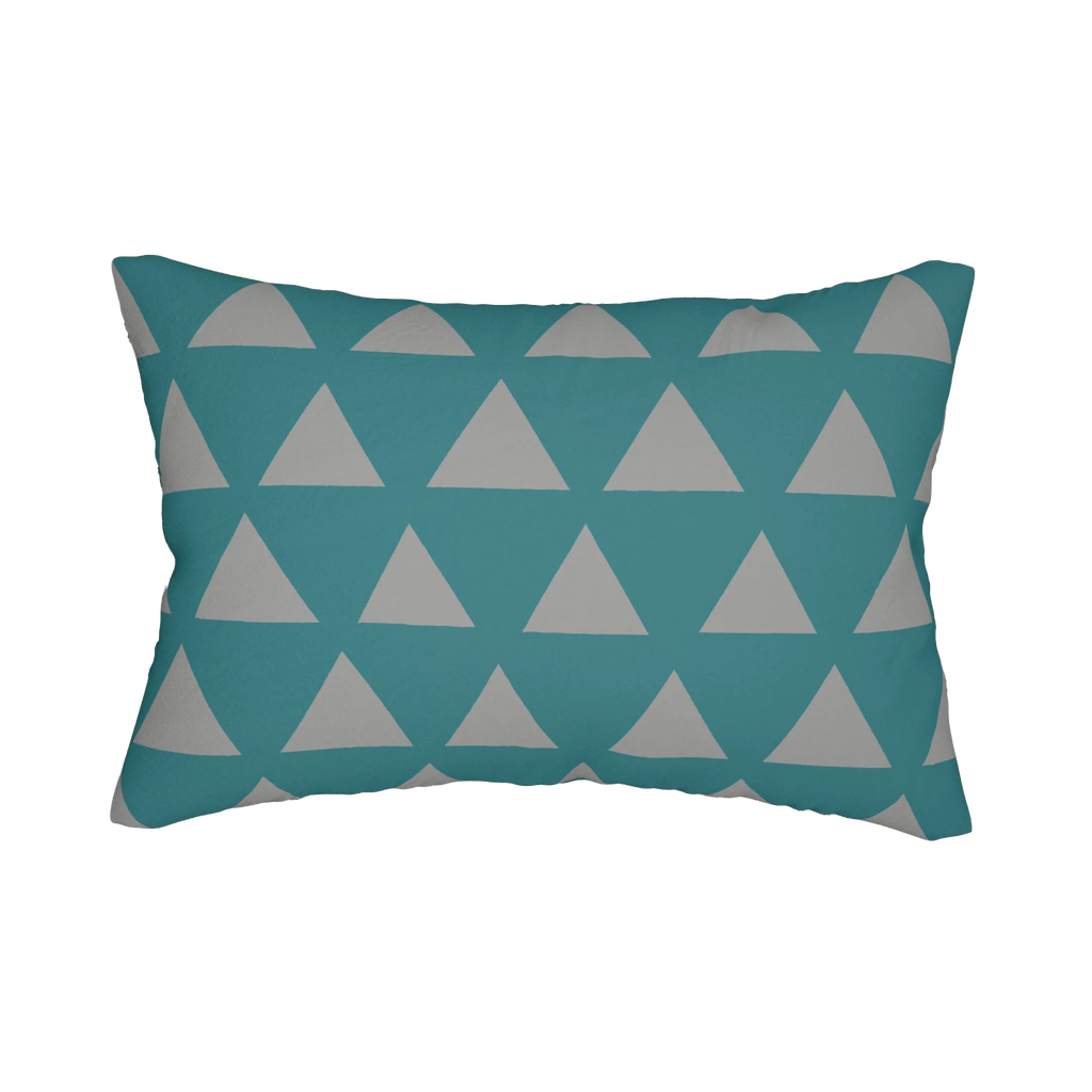 Teal stardust grey geometric triangle lumbar pillow, back view.