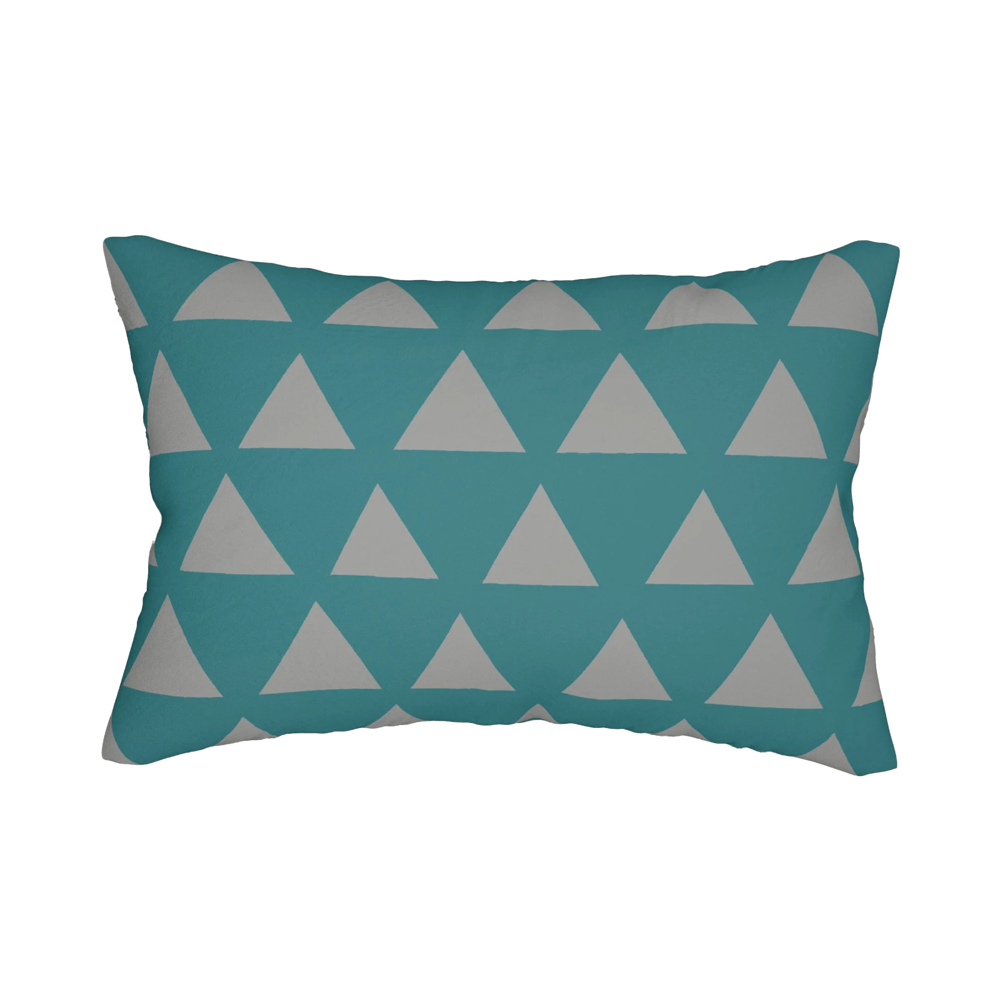 Teal stardust grey geometric triangle lumbar pillow, front view.