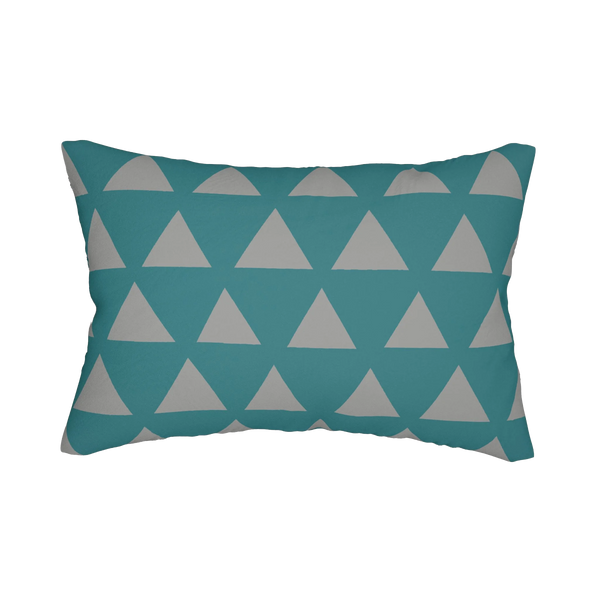 Teal stardust grey geometric triangle lumbar pillow, front view.