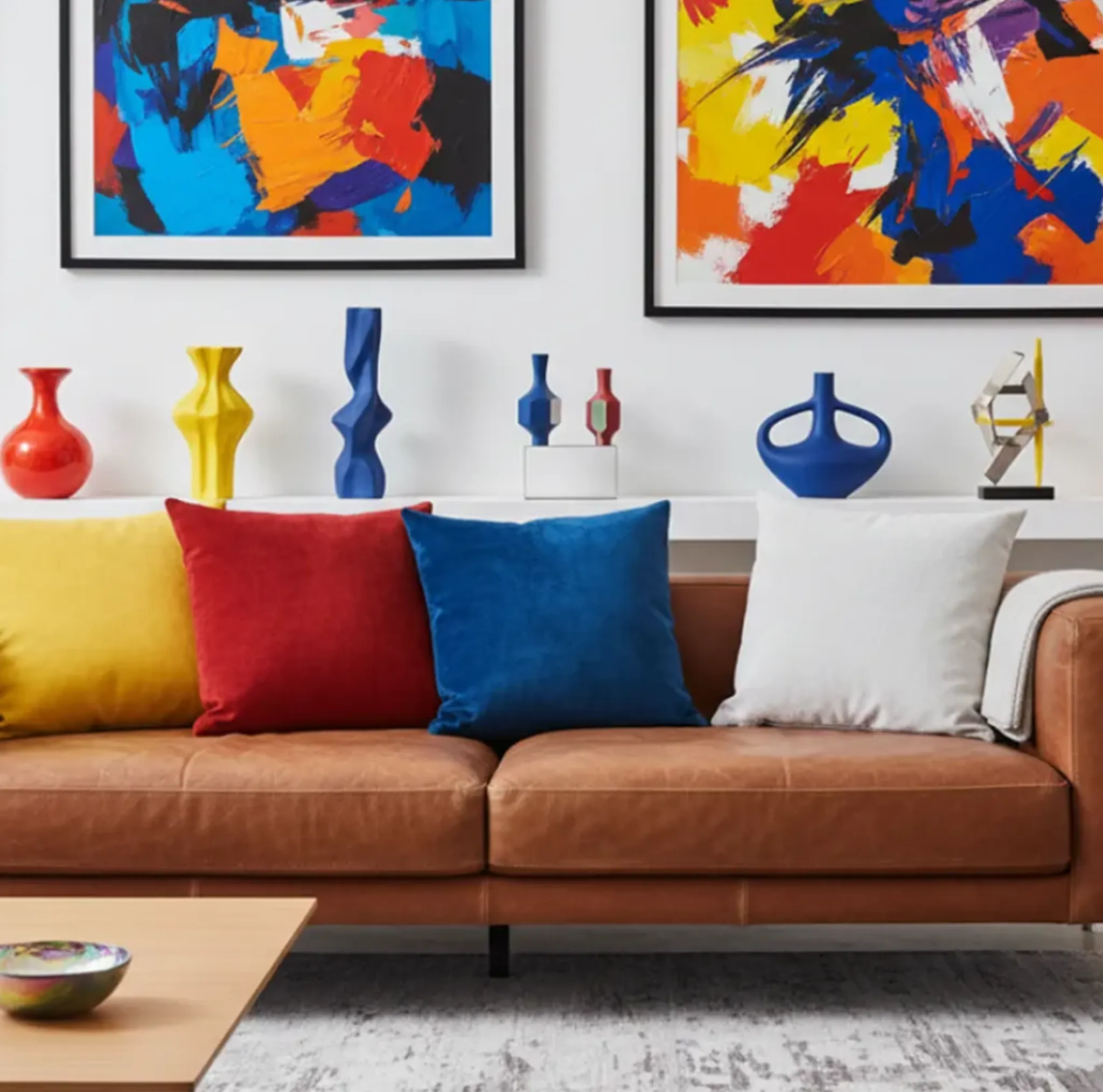Modern living room with a brown sofa, colorful high-voltage decor pillows, and abstract art on the wall.