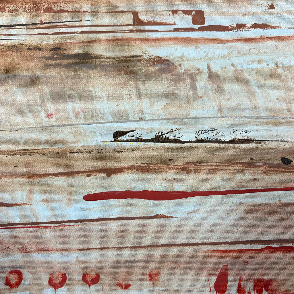 Close-up of cream, tan, and brown painted layers with fine dark lines, red drips, and visible canvas texture.