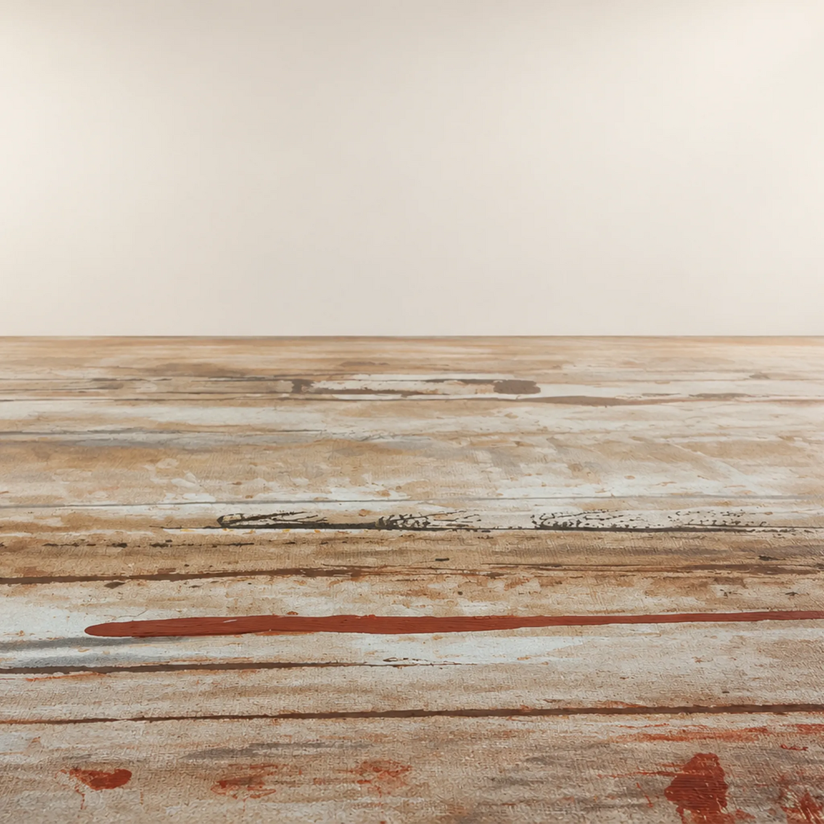Painted floor with layered aqua, lime green, yellow, orange, and red marks receding toward a plain off-white wall.
