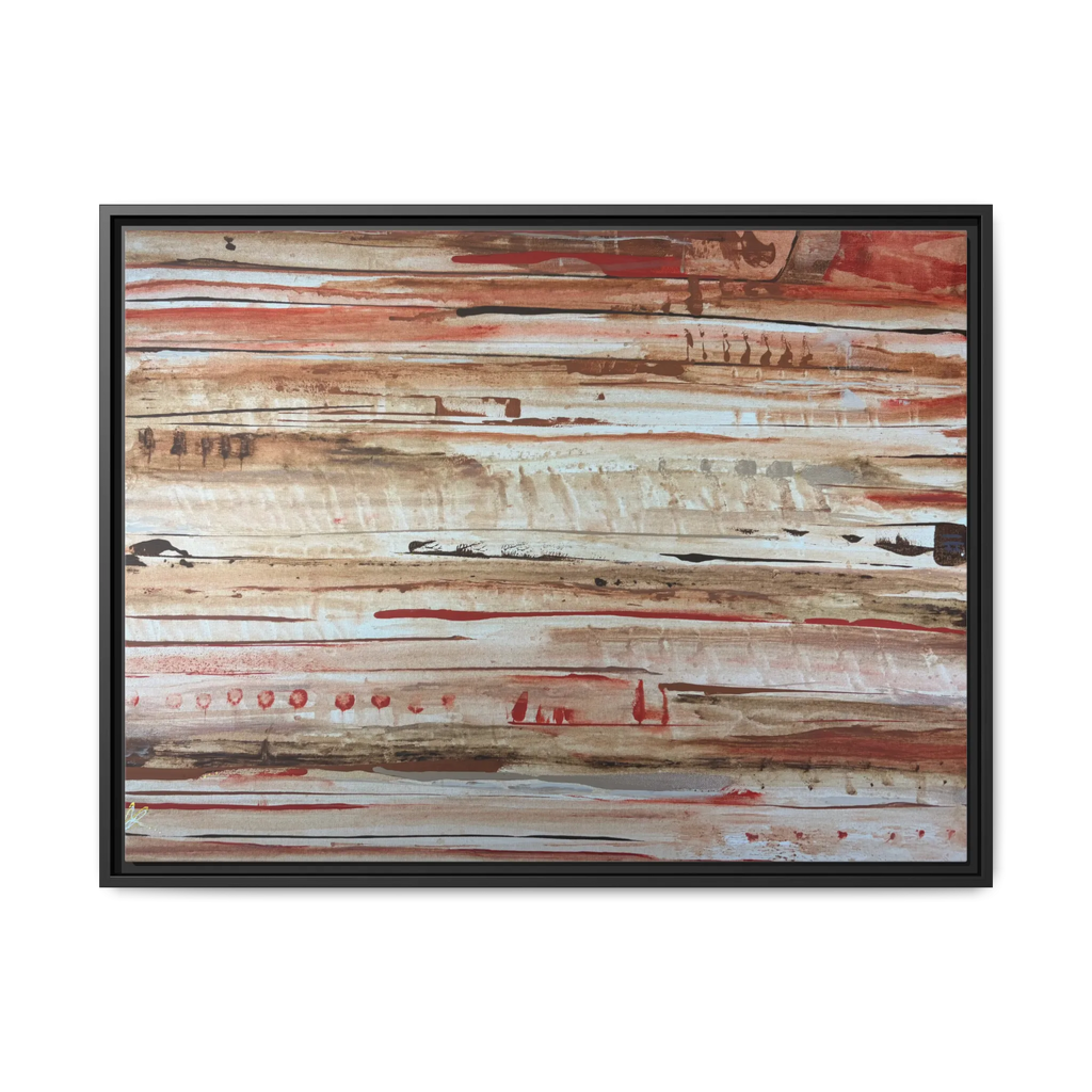 The Journey framed abstract canvas, black frame, earthy rust and cream strata, front view.
