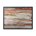 The Journey framed abstract canvas, black frame, earthy rust and cream strata, front view.