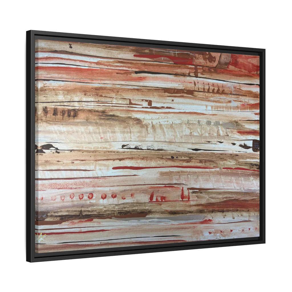 The Journey framed abstract canvas, black frame, earthy rust and cream strata, side view.