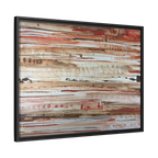 The Journey framed abstract canvas, black frame, earthy rust and cream strata, side view.