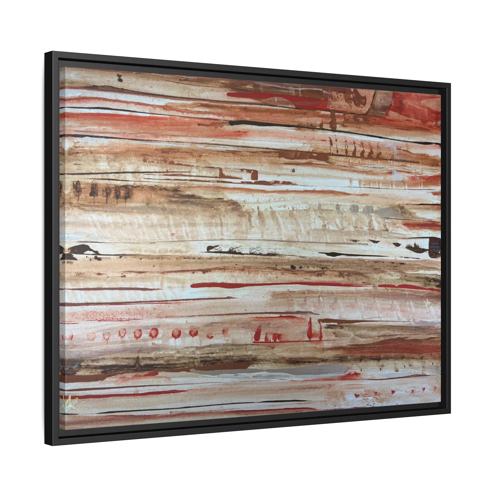 The Journey framed abstract canvas, black frame, earthy rust and cream strata, side view.