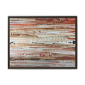 The Journey framed abstract canvas, espresso frame, earthy rust and cream strata, front view.