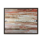 The Journey framed abstract canvas, espresso frame, earthy rust and cream strata, front view.