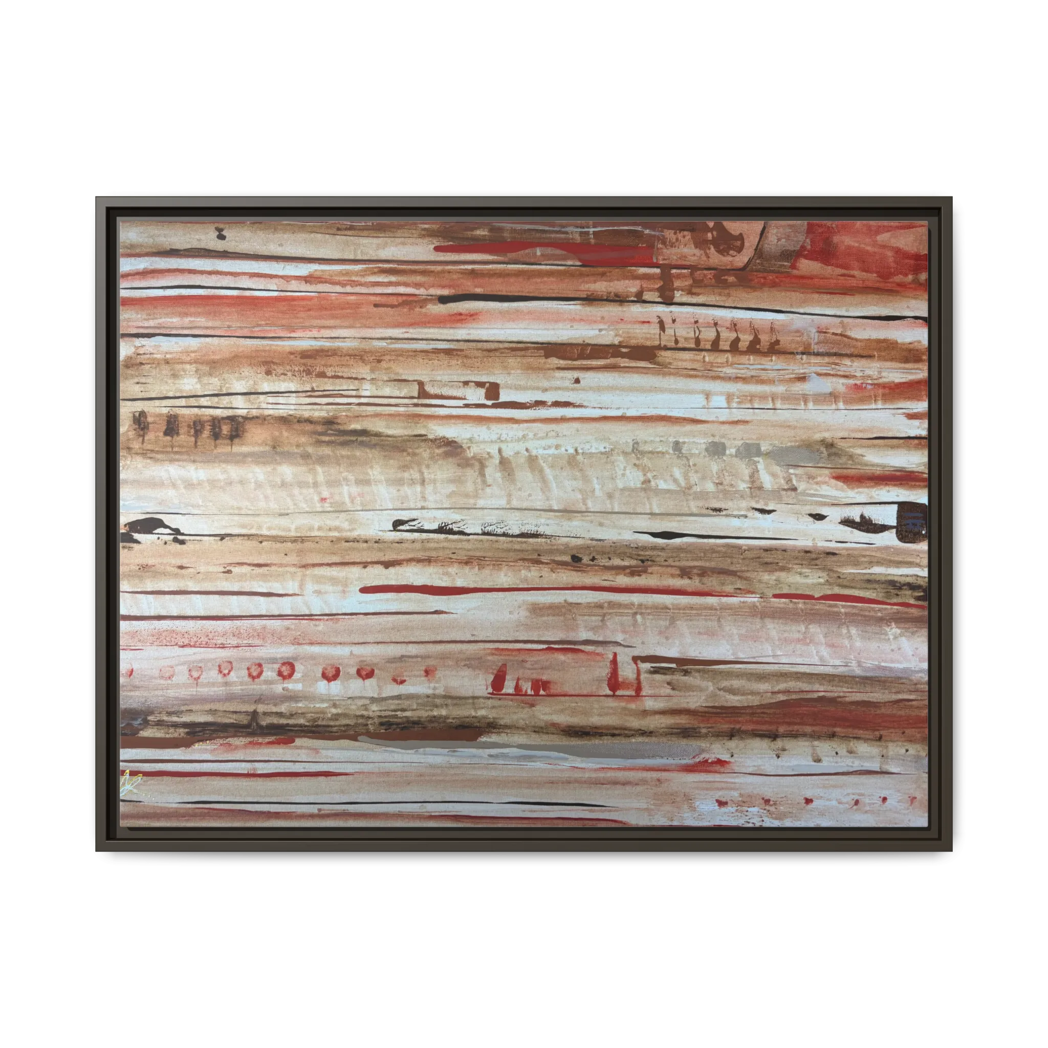 The Journey framed abstract canvas, espresso frame, earthy rust and cream strata, front view.
