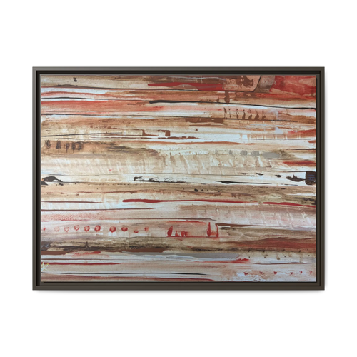 The Journey framed abstract canvas, espresso frame, earthy rust and cream strata, front view.