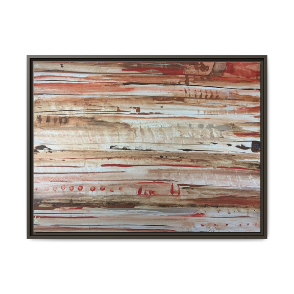 The Journey framed abstract canvas, espresso frame, earthy rust and cream strata, front view.