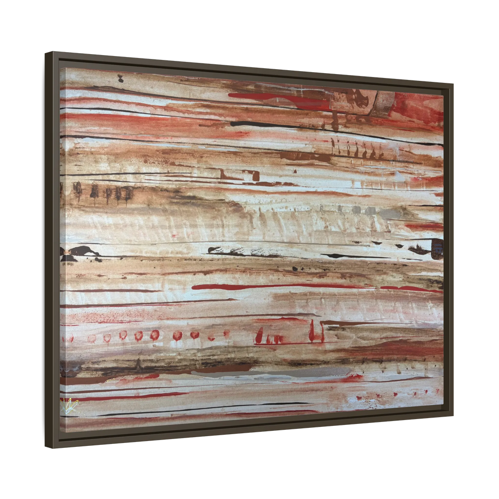 The Journey framed abstract canvas, espresso frame, earthy rust and cream strata, side view.