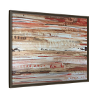 The Journey framed abstract canvas, espresso frame, earthy rust and cream strata, side view.