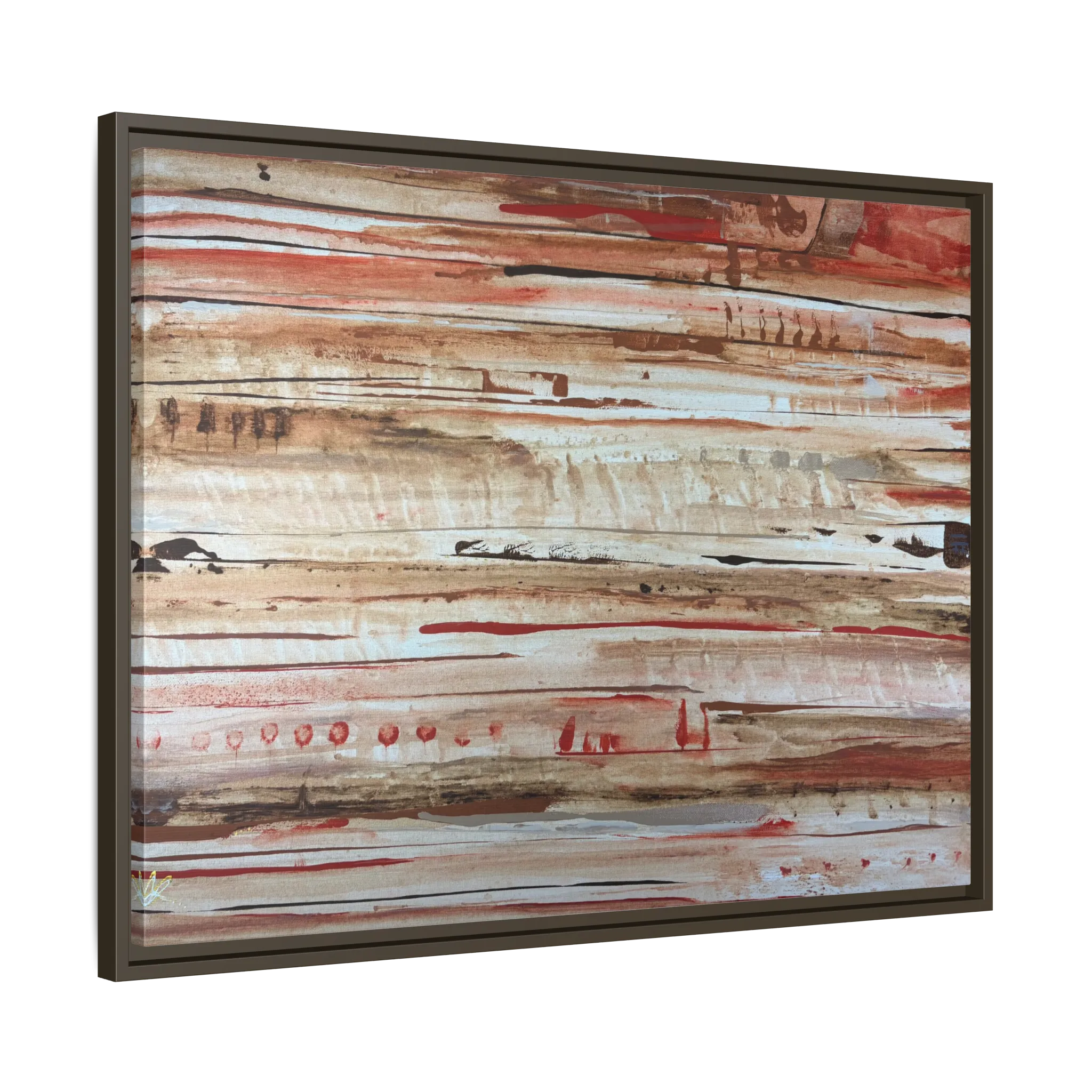 The Journey framed abstract canvas, espresso frame, earthy rust and cream strata, side view.