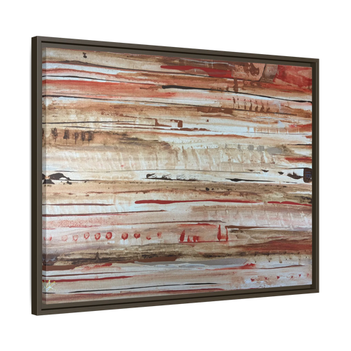 The Journey framed abstract canvas, espresso frame, earthy rust and cream strata, side view.