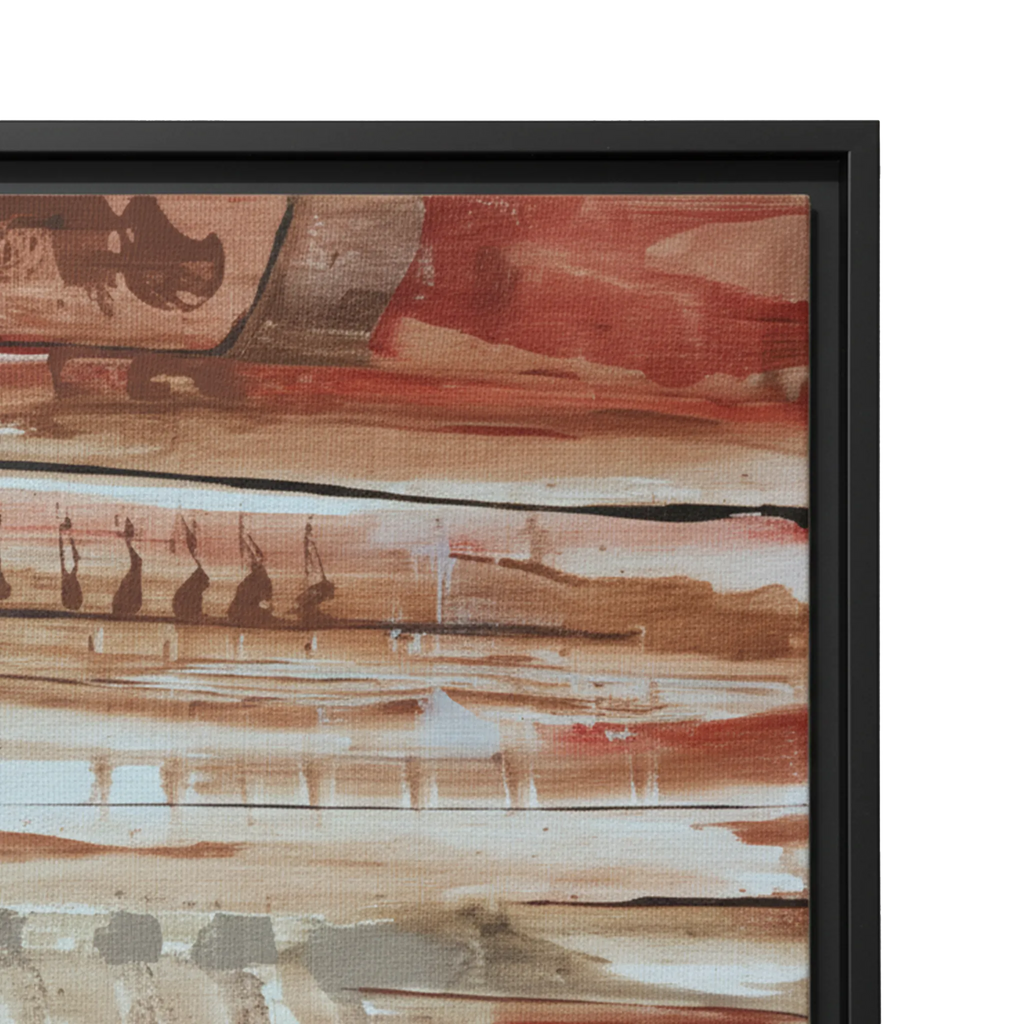 The Journey abstract canvas, earthy rust crimson and cream strata, graphic detail, horizontal flow.
