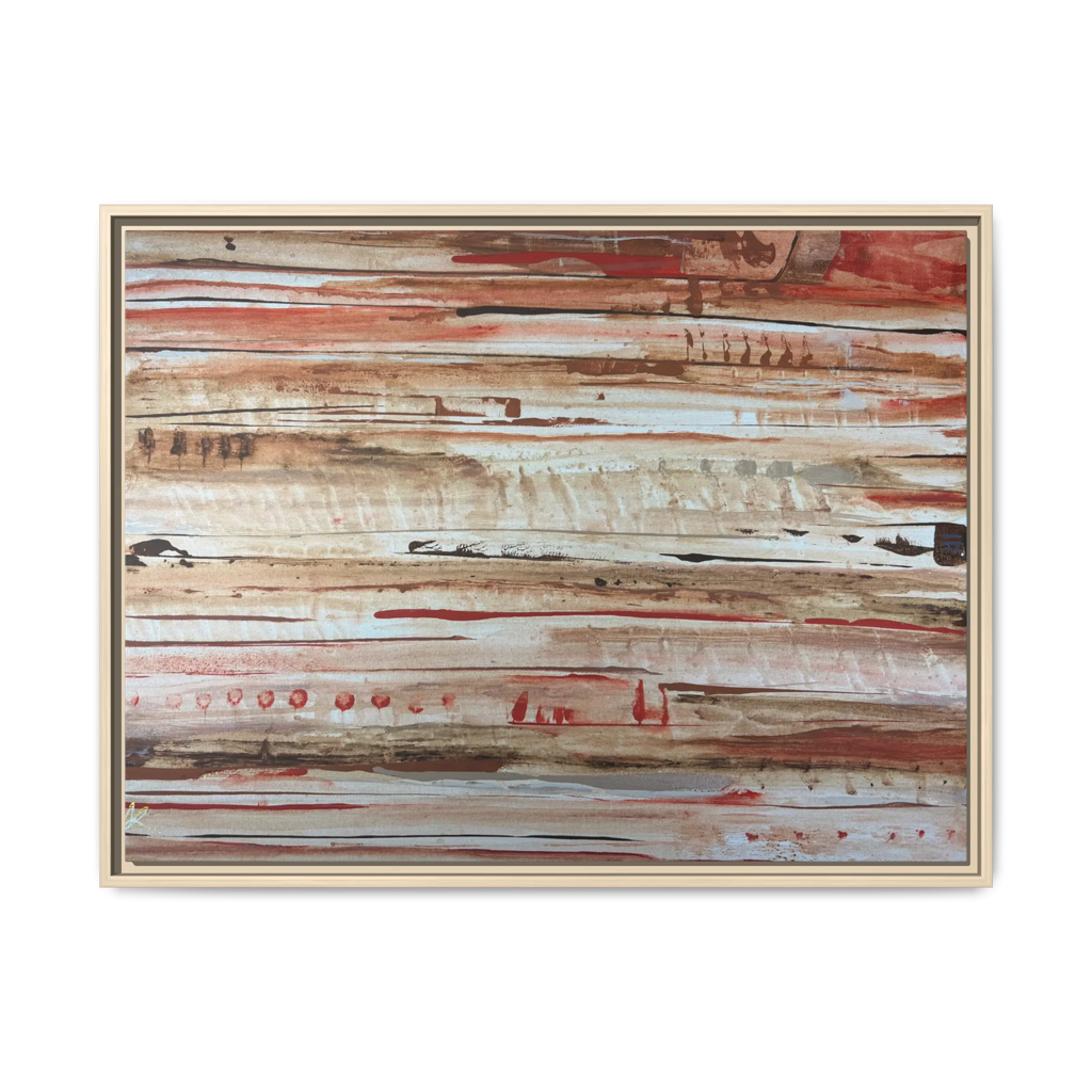 The Journey framed abstract canvas, natural wood frame, earthy rust and cream strata, front view.