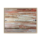 The Journey framed abstract canvas, natural wood frame, earthy rust and cream strata, front view.