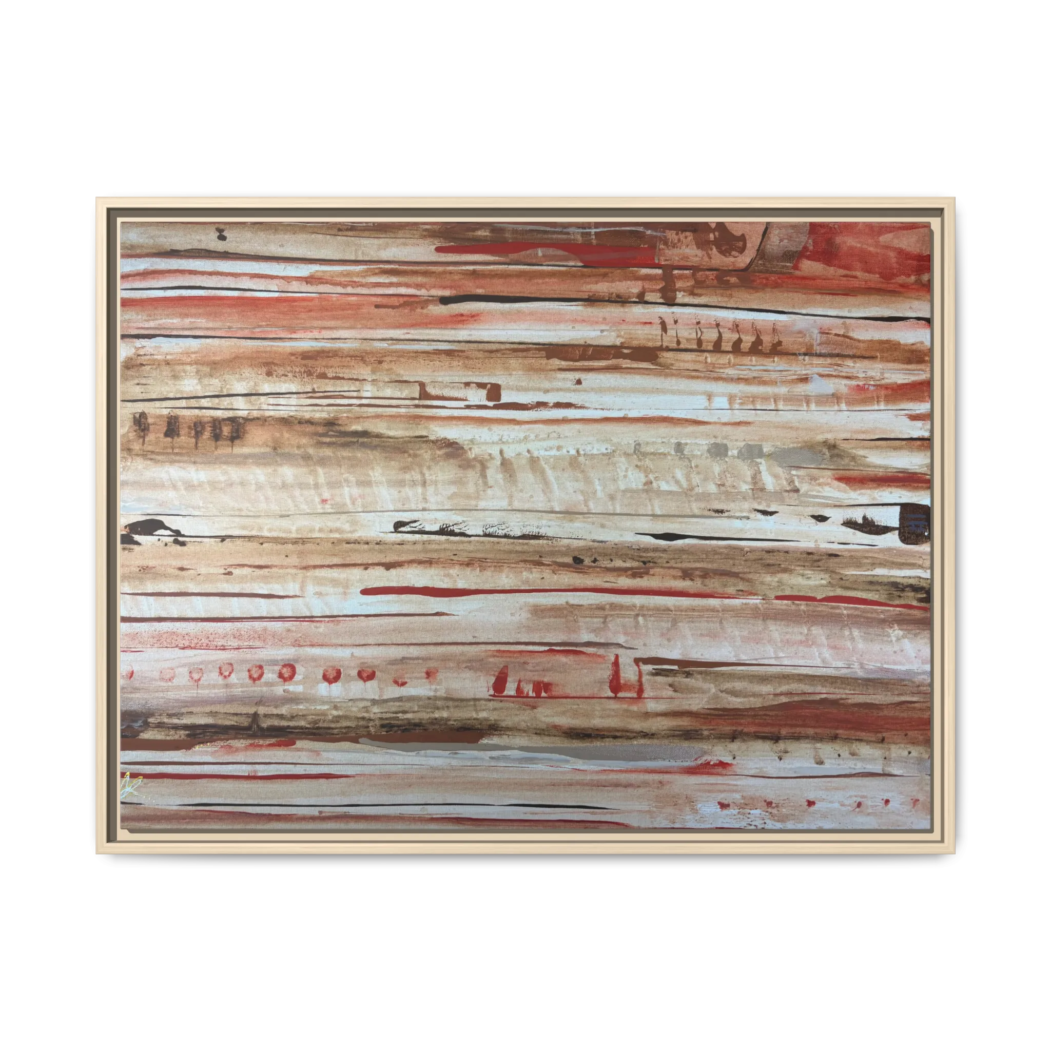 The Journey framed abstract canvas, natural wood frame, earthy rust and cream strata, front view.