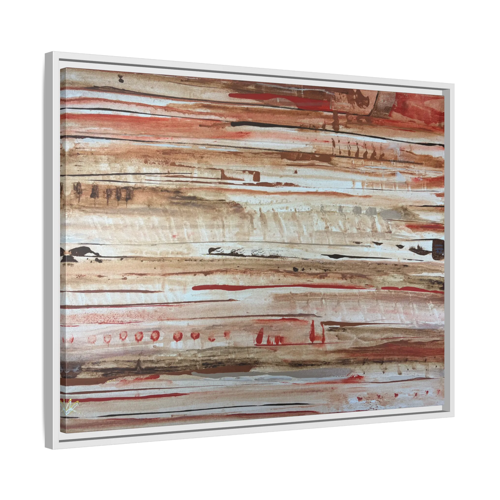 The Journey framed abstract canvas, white frame, earthy rust and cream strata, side view.