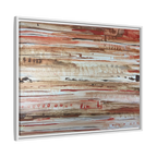 The Journey framed abstract canvas, white frame, earthy rust and cream strata, side view.