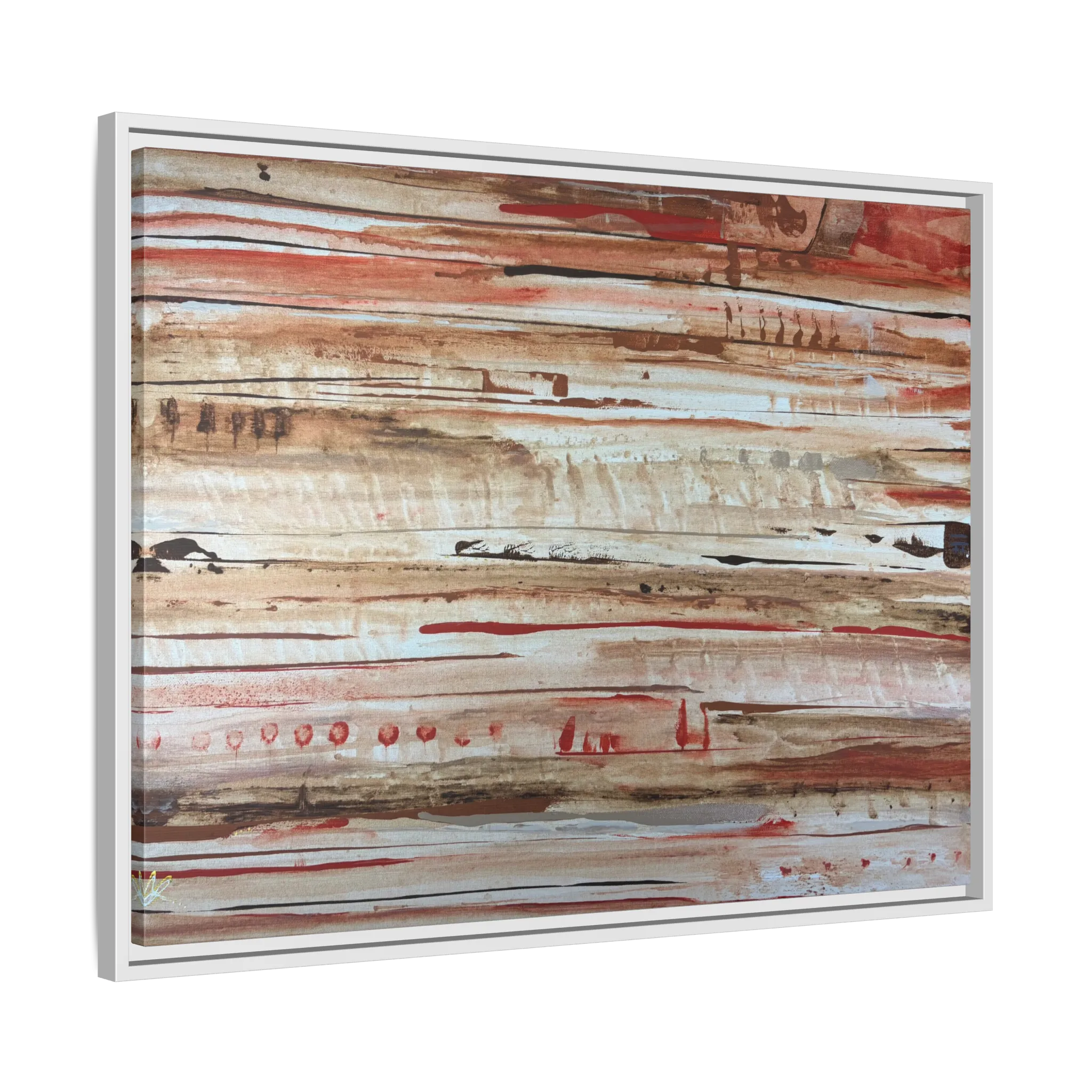 The Journey framed abstract canvas, white frame, earthy rust and cream strata, side view.