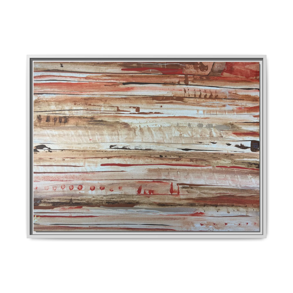 The Journey framed abstract canvas, white frame, earthy rust and cream strata, front view.