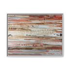 The Journey framed abstract canvas, white frame, earthy rust and cream strata, front view.