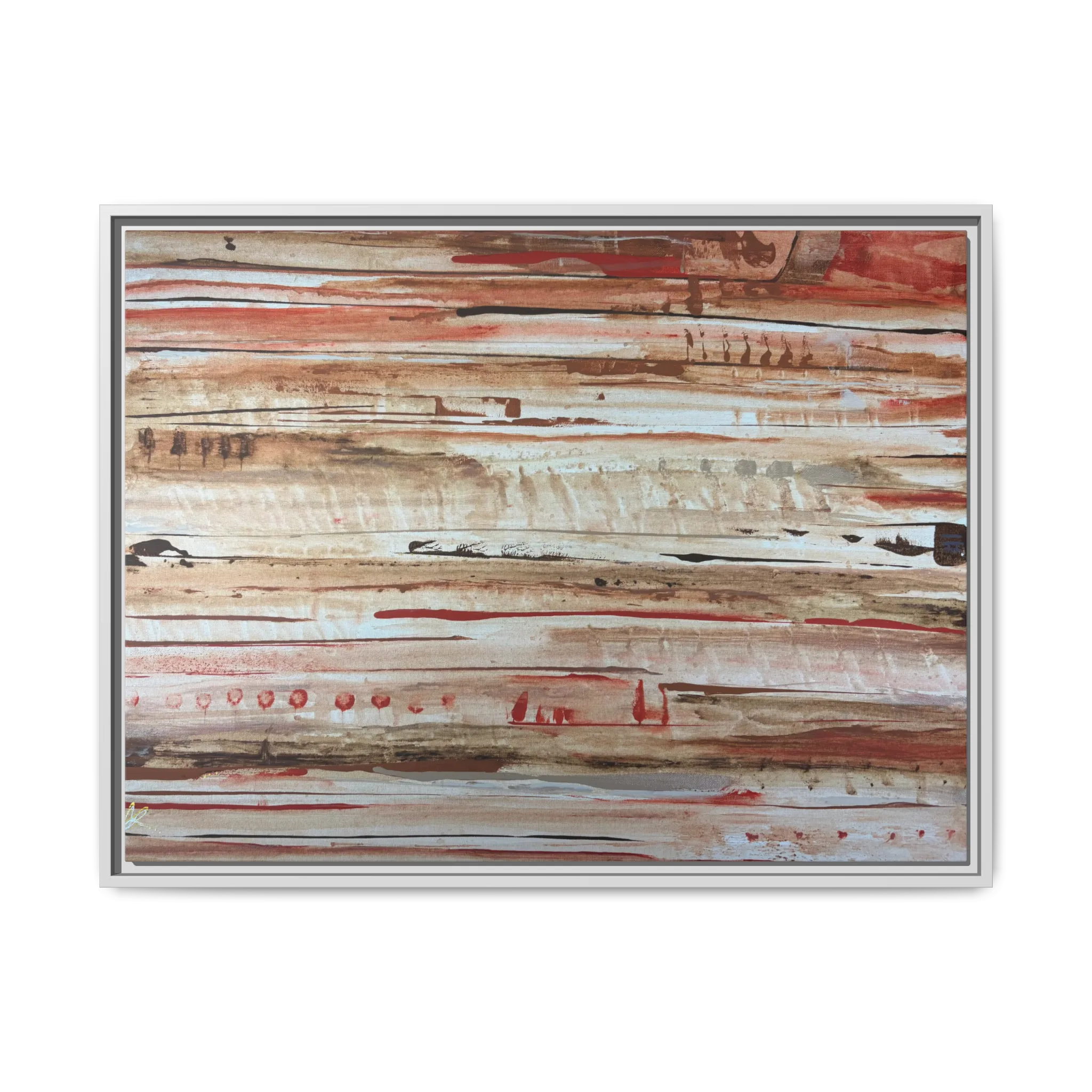The Journey framed abstract canvas, white frame, earthy rust and cream strata, front view.