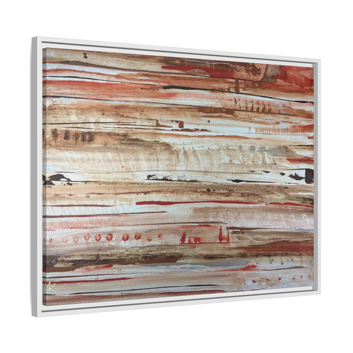 The Journey framed abstract canvas, white frame, earthy rust and cream strata, side view.