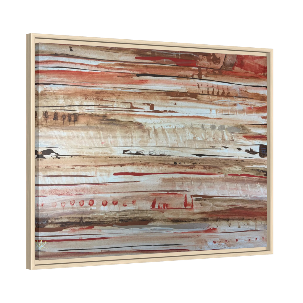 The Journey framed abstract canvas, natural wood frame, earthy rust and cream strata, side view.