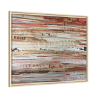 The Journey framed abstract canvas, natural wood frame, earthy rust and cream strata, side view.