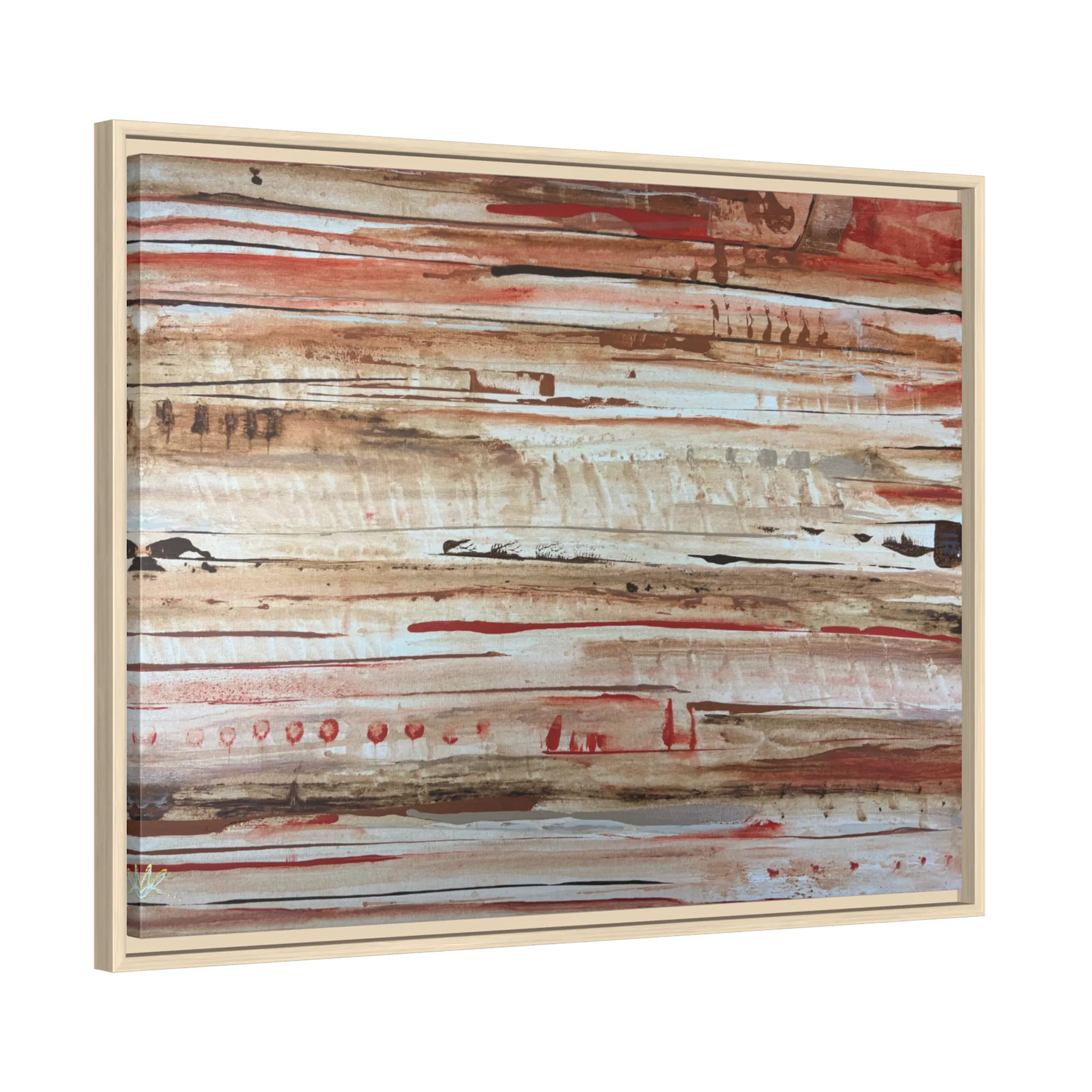 The Journey framed abstract canvas, natural wood frame, earthy rust and cream strata, side view.