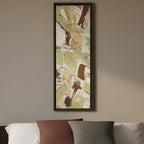 Espresso framed Slim Sage abstract canvas art, Saddle Brown and Atomic Grey faux suede pillows on cream linen bedding, luxury bedroom lifestyle.