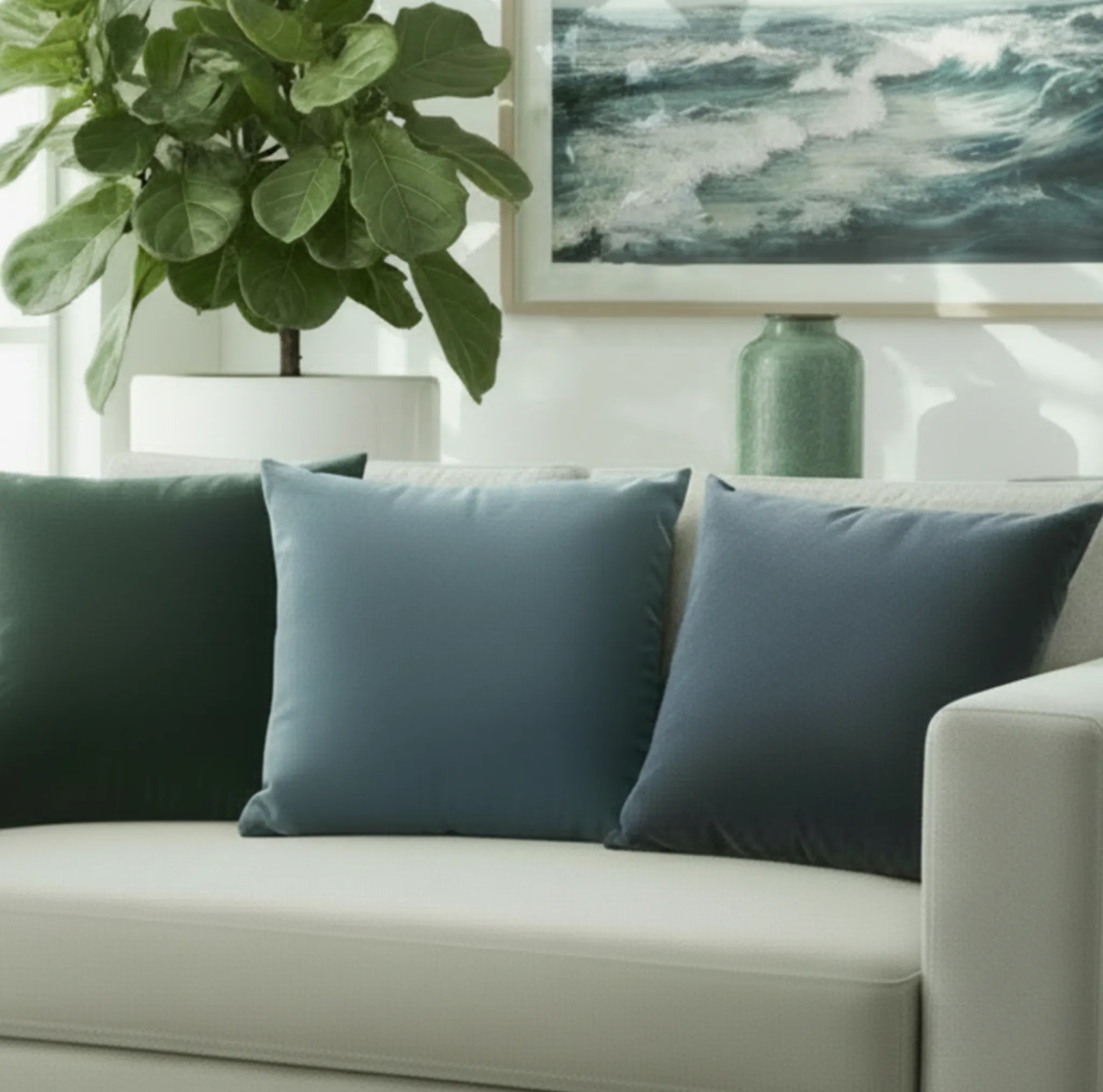 Decorative faux suede sanctuary vibe pillows on a sofa with a plant and artwork in the background.