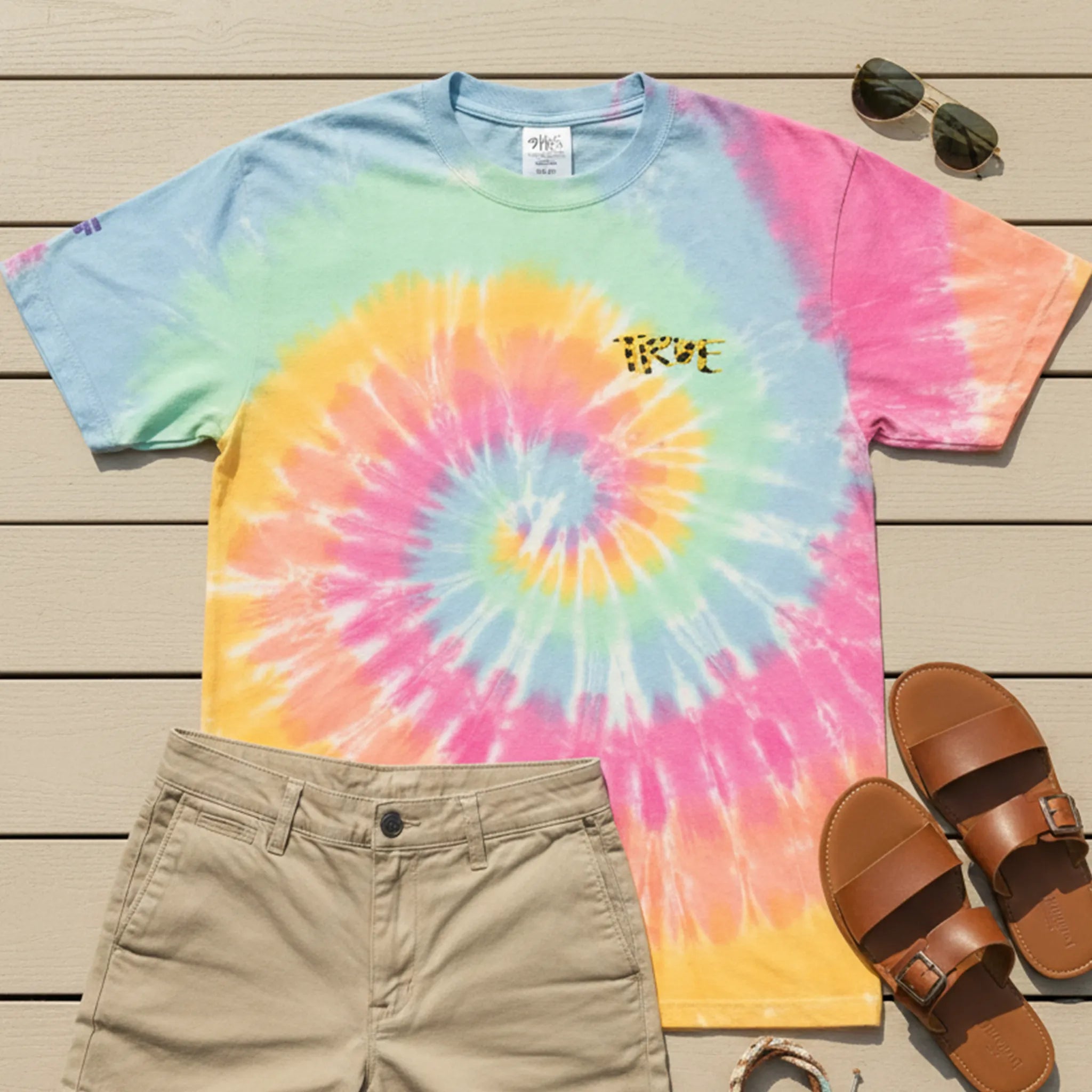 A bird's eye flat lay of the pastel sherbet tie-dye cheetah embroidered tee styled in a masculine summer outfit with khaki shorts, brown leather sandals, a woven bracelet, and sunglasses on a light wood deck surface.