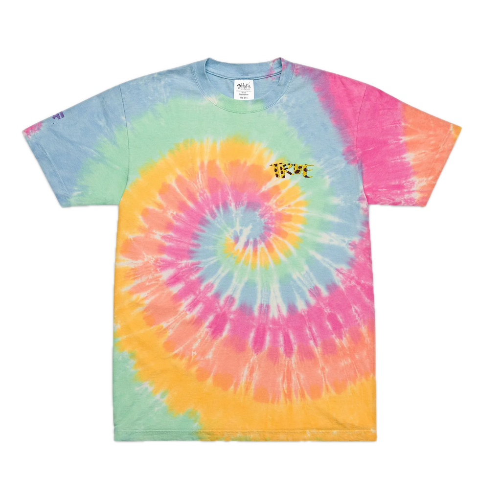 A pastel sherbet spiral tie-dye t-shirt in blue, mint, yellow, orange, and pink, featuring a cheetah print 'True' embroidery on the upper left chest.