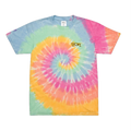 A pastel sherbet spiral tie-dye t-shirt in blue, mint, yellow, orange, and pink, featuring a cheetah print 'True' embroidery on the upper left chest.