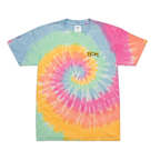 A pastel sherbet spiral tie-dye t-shirt in blue, mint, yellow, orange, and pink, featuring a cheetah print 'True' embroidery on the upper left chest.