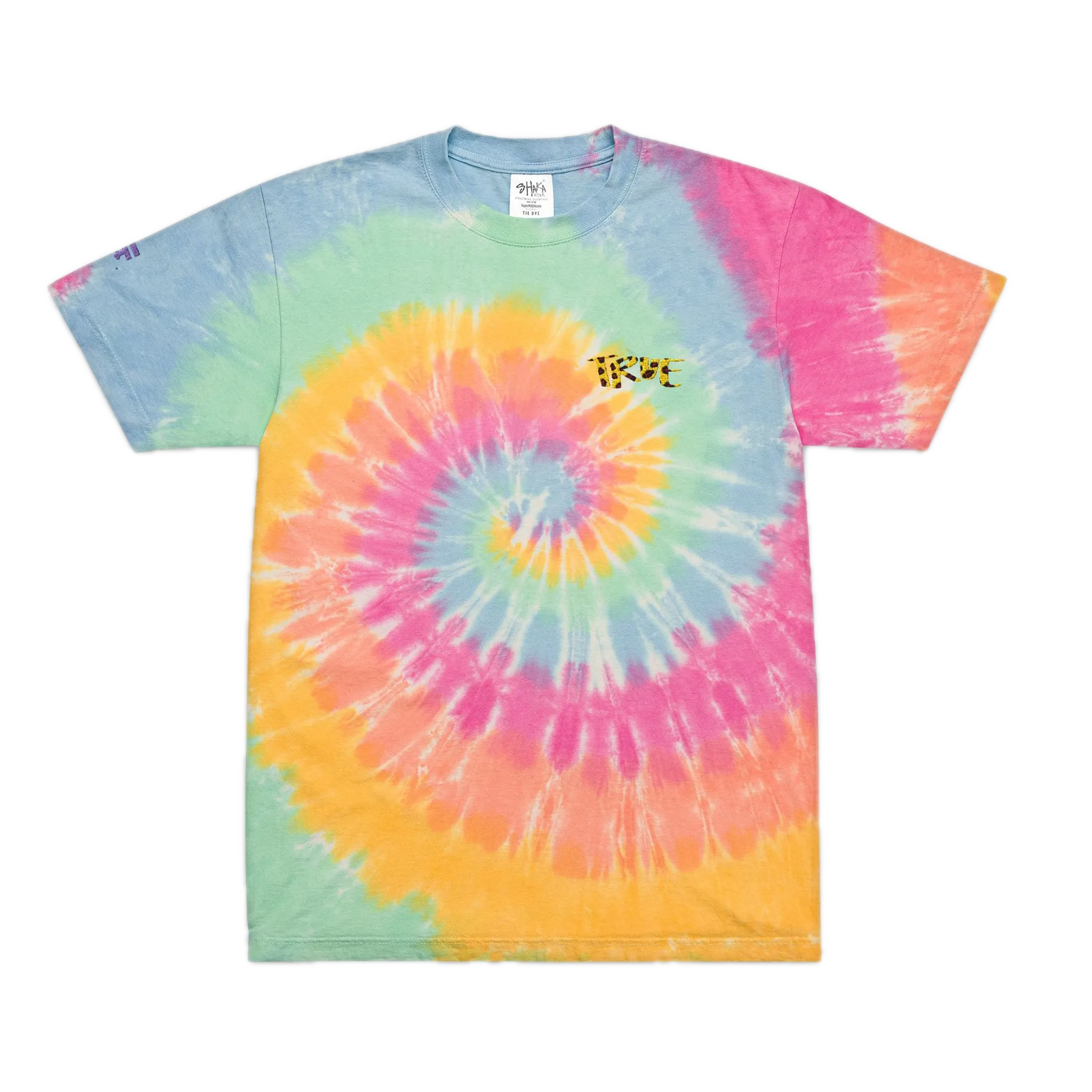 A pastel sherbet spiral tie-dye t-shirt in blue, mint, yellow, orange, and pink, featuring a cheetah print 'True' embroidery on the upper left chest.