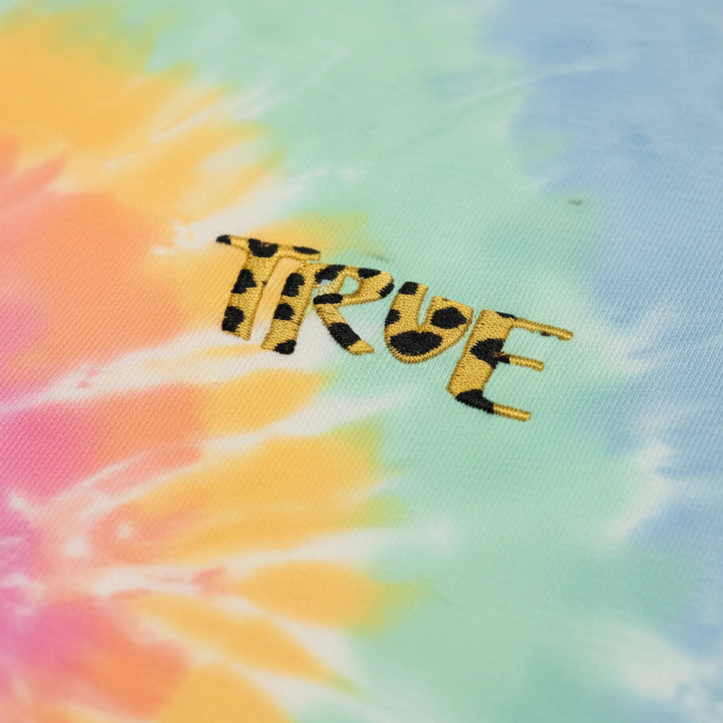 Tie Dye Spiral Tee, pastel, TRUE embroidered cheetah print, graphic detail, fluid pour art.