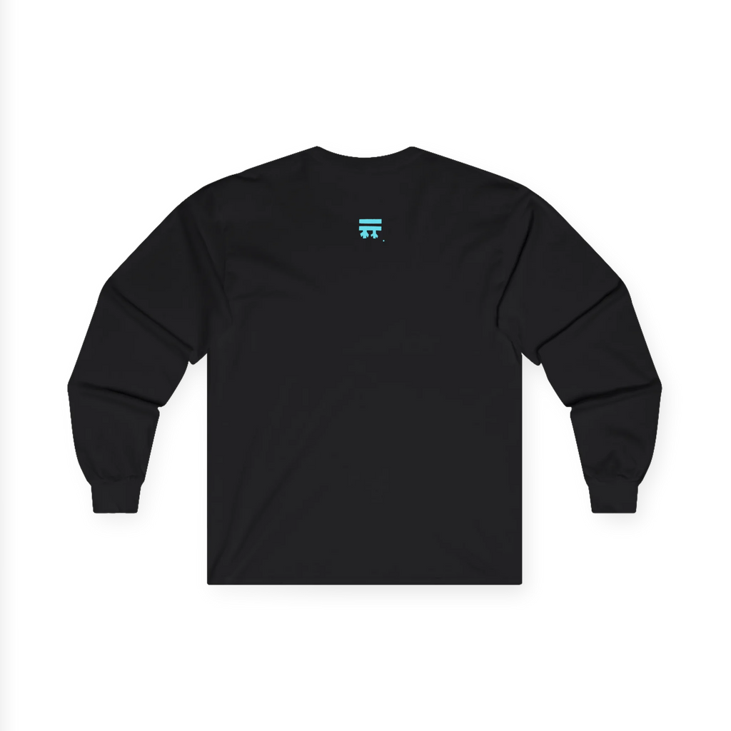 The back of the black Trans Pride Long Sleeve Tee showing a clean plain back with a small teal FREEBRD logo at the upper center.