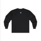 The back of the black Trans Pride Long Sleeve Tee showing a clean plain back with a small teal FREEBRD logo at the upper center.