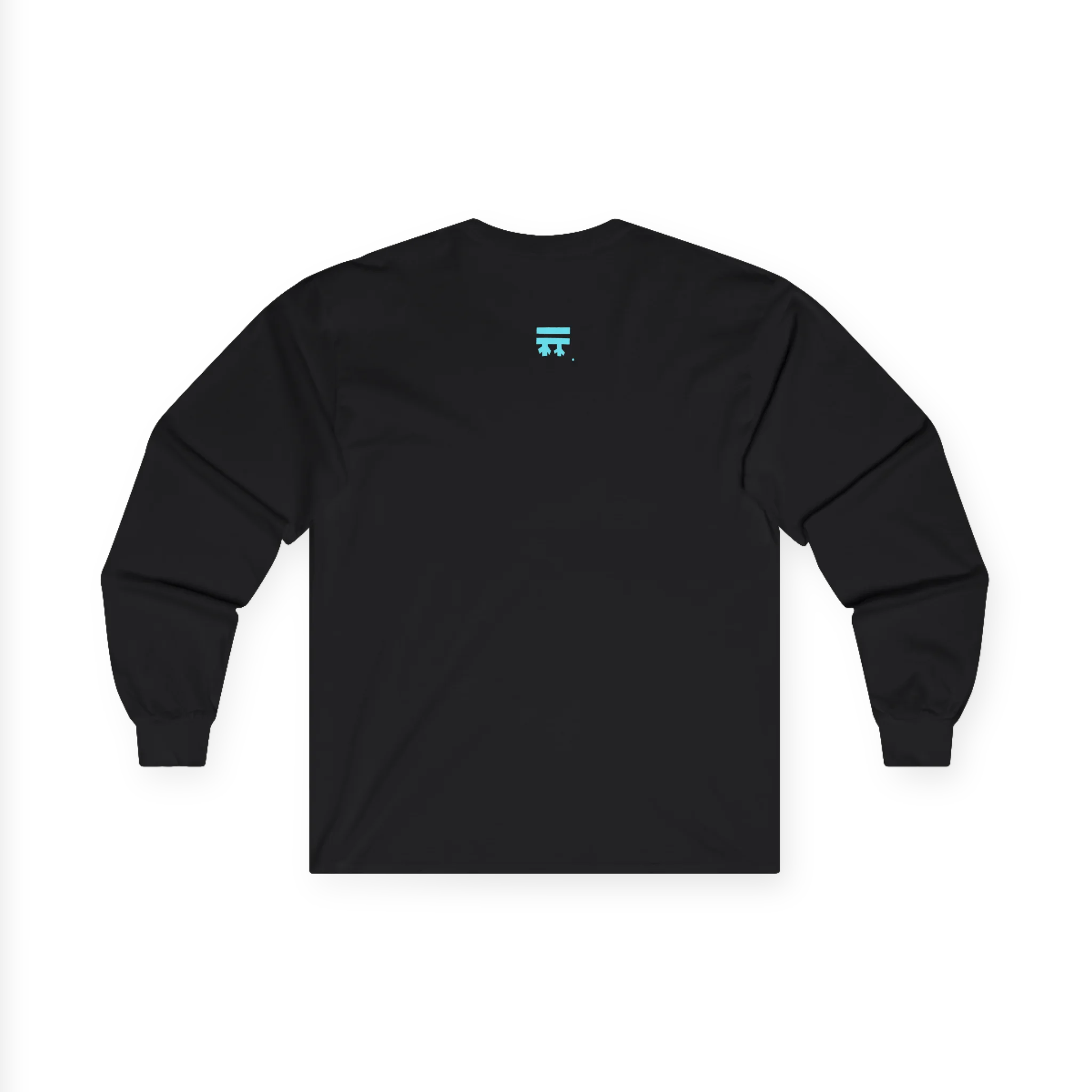 The back of the black Trans Pride Long Sleeve Tee showing a clean plain back with a small teal FREEBRD logo at the upper center.